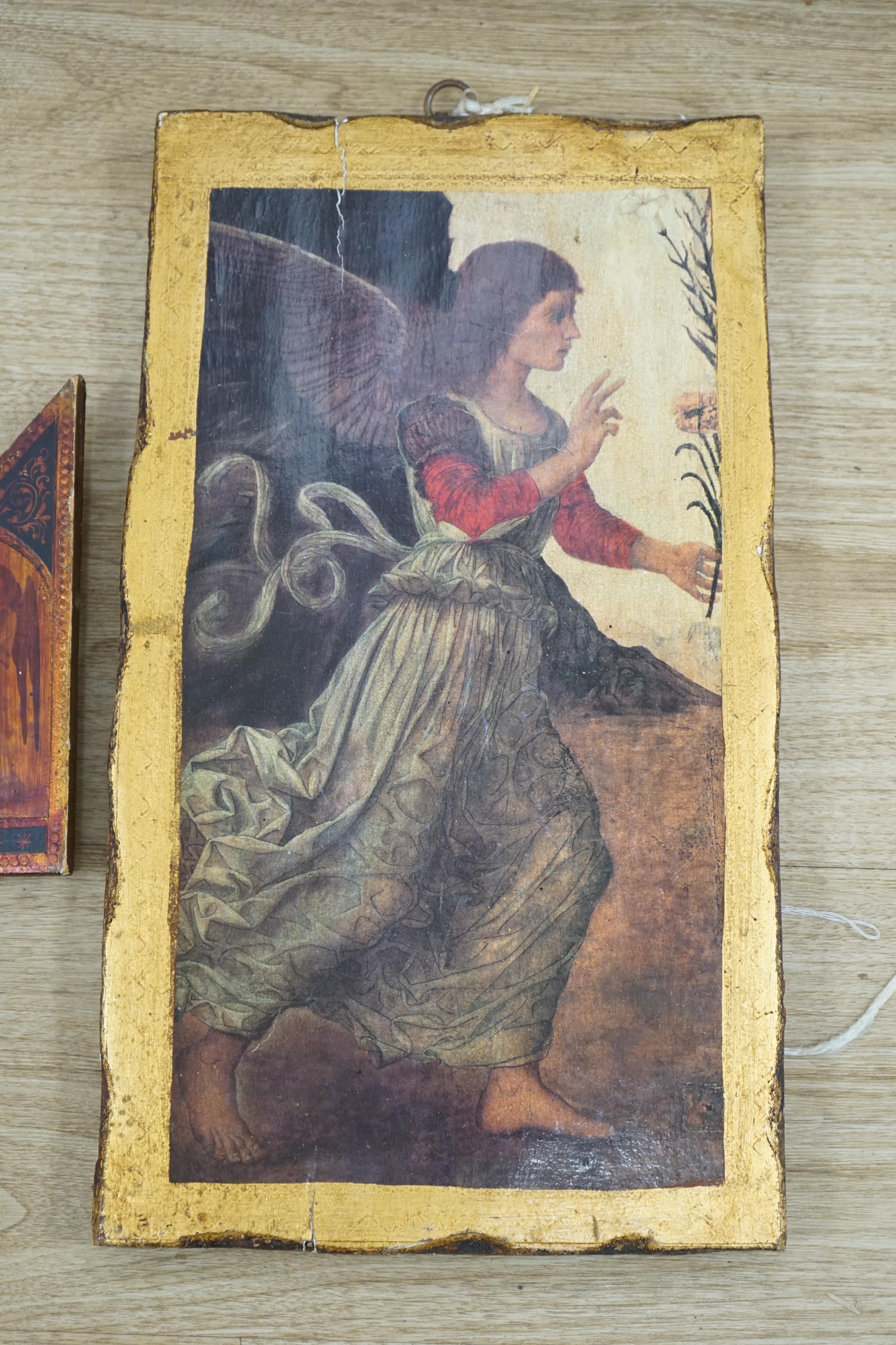 After Melozzo da Forli (Italian, 1438-1494), colour print on wood panel, 'Angelo', unframed, together with a printed triptych icon. Condition - poor to fair